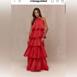 Missguided Elegant Red Tiered Halter Dress